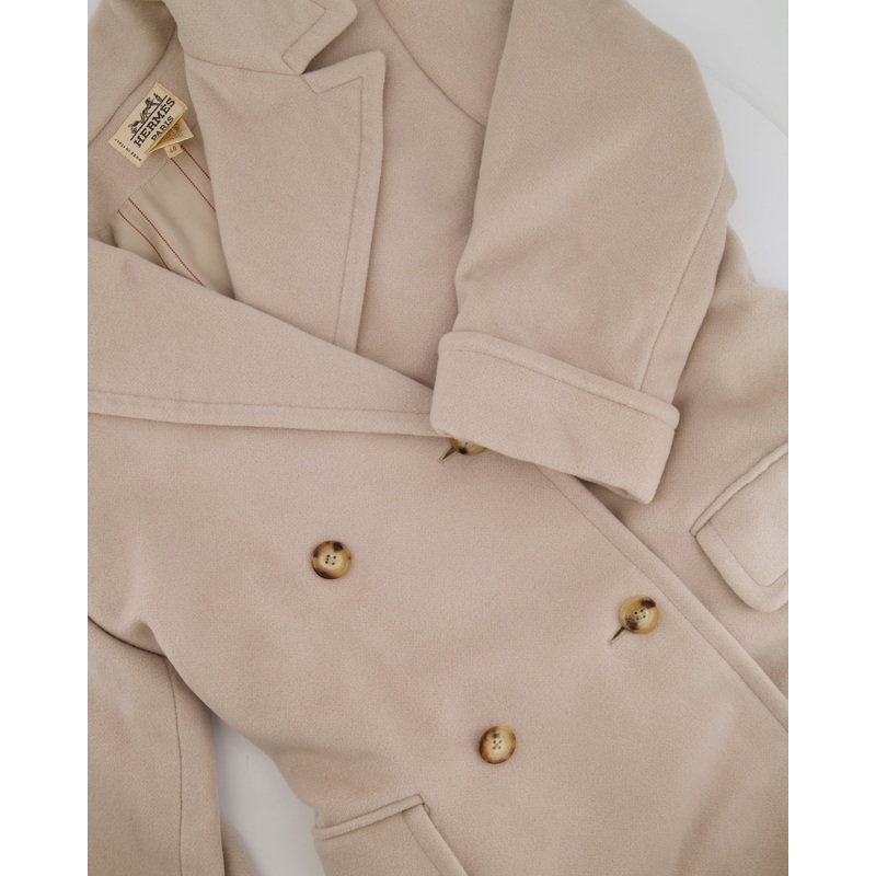 Herms Vintage Beige Cashmere Double-Breasted Coat with Tortoiseshell Logo Buttons Size FR 40 (UK 12)