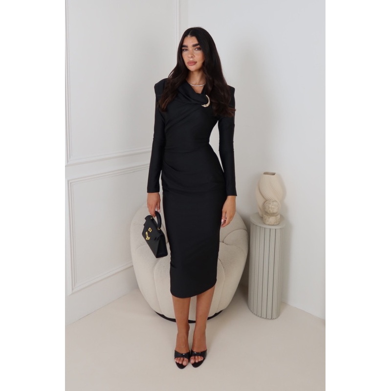 NIA BLACK LONG SHOULDER PADDED DRESS