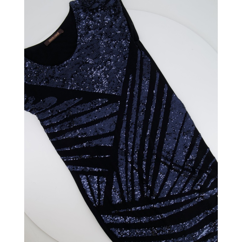 Roberto Cavalli Black Sleeveless Mini Dress with Navy Sequin Embellishments Size IT 38 (UK 6)