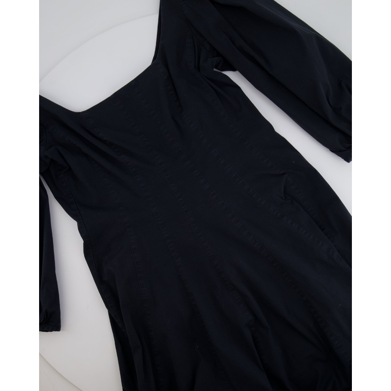 Staud Black Midi Dress with Square Neckline Detail and Puff Sleeves Size US 8 (UK 12)