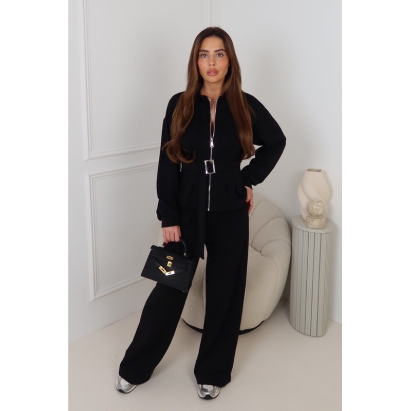 TORI BLACK BELTED ZIP JACKET PANTS SET