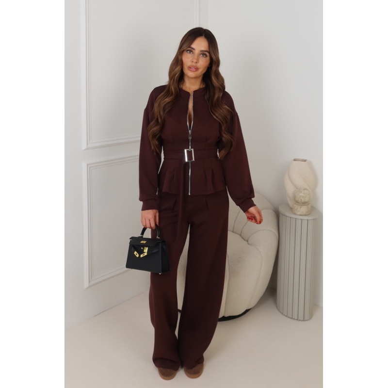 TORI CHOCOLATE BELTED ZIP JACKET PANTS SET