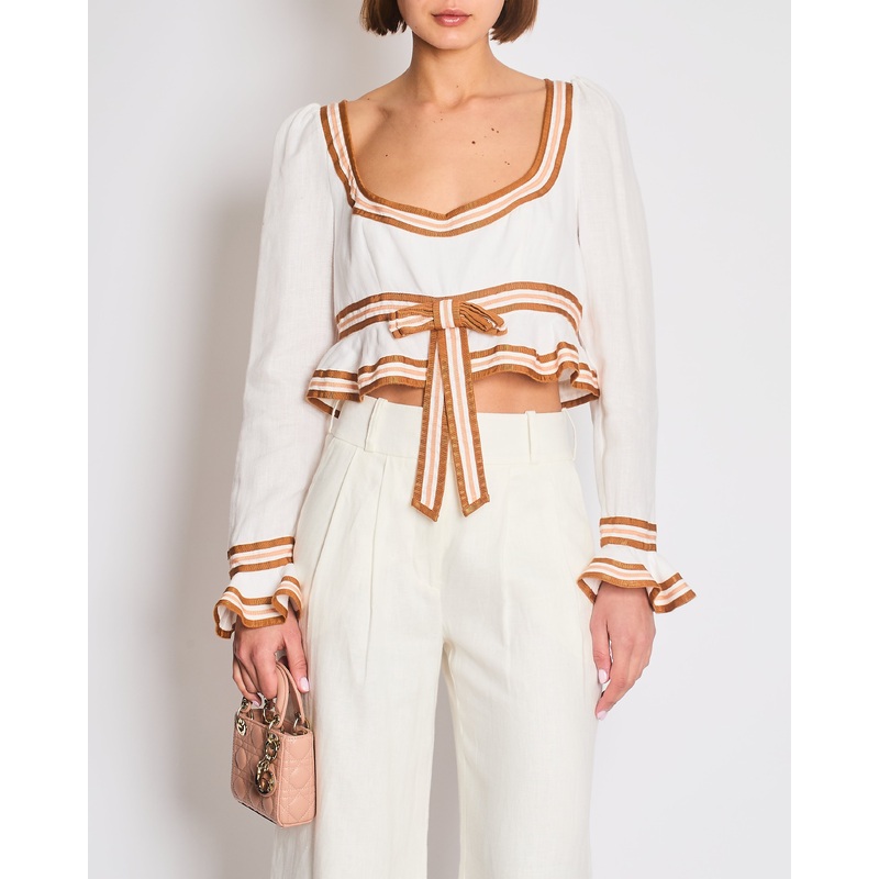 Zimmermann White Linen Crop Top with Ruffled Sleeves and Brown Trims with Bow Detail Size 2 (UK 12)