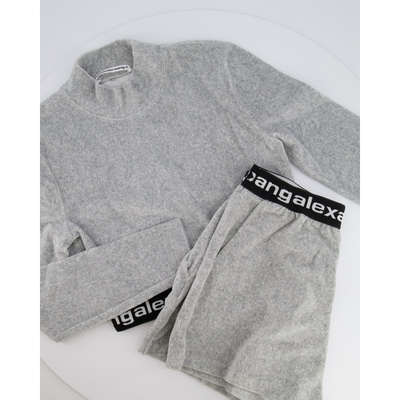 Alexander Wang Light Grey Ribbed Shorts and Top Set with Black Logo Size M (UK 10)
