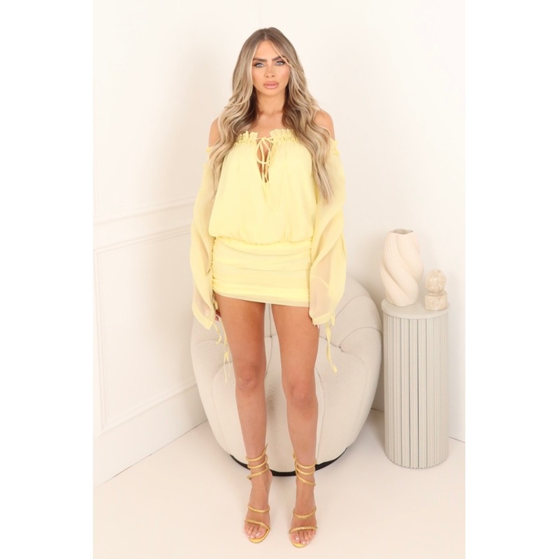 Camila lemon off shoulder sheer mini dress