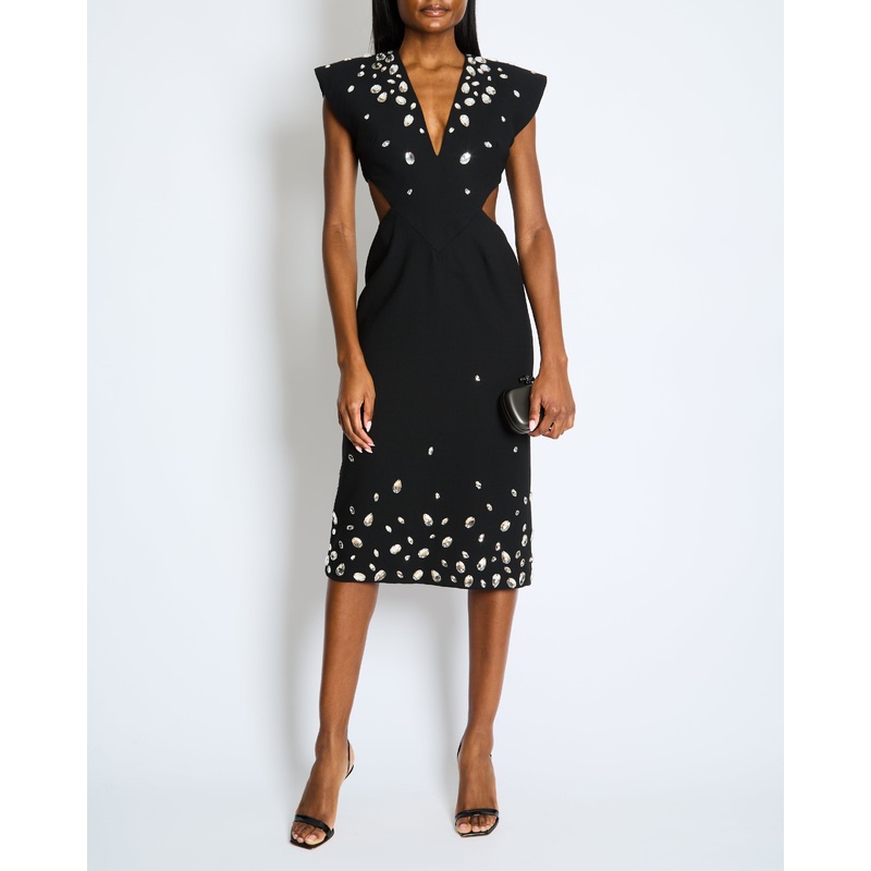 Christopher Kane Black V-Neck Short Sleeve Midi Dress with Large Embellishment Detail Size IT 42 (UK 10)