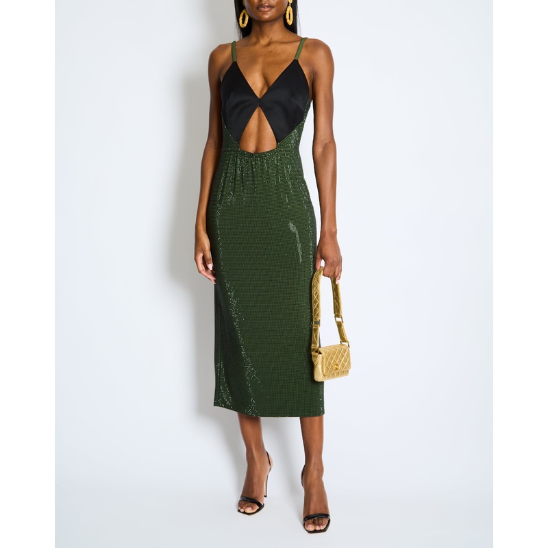 Christopher Kane Emerald Green Sequin Embellished Dress with Satin Black Top Detail UK 12