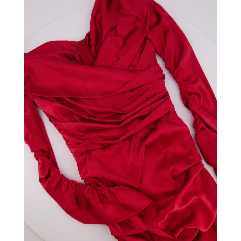 Dolce & Gabbana Red Silk Draped Mini Dress with Rouched Sleeves Detail Size IT 42 (UK 10)
