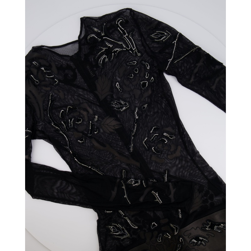 Jitrois Black Leather and Mesh Mini Dress with Crystal Embellished Suede Appliques Size FR 36 (UK 8)