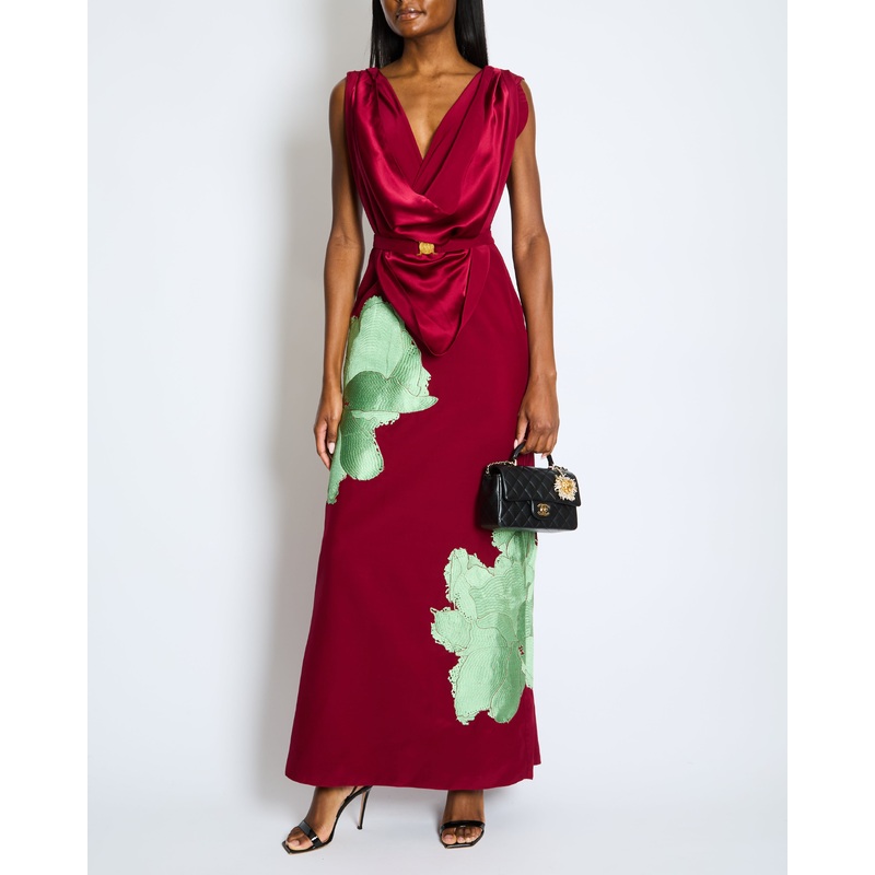 Johanna Ortiz Burgundy Silk with Green Embroidered Flower Draped Neckline Maxi Dress with Belt US 4 (UK 8)