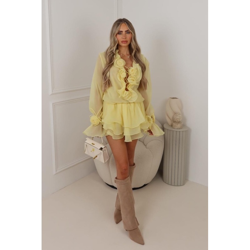 Kelly lemon chiffon ruffle hem tiered mini dress