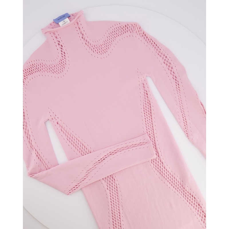 Mugler Light Pink Long Sleeved Mini Dress with Perforated Details Size US 2 (UK 6) RRP 500