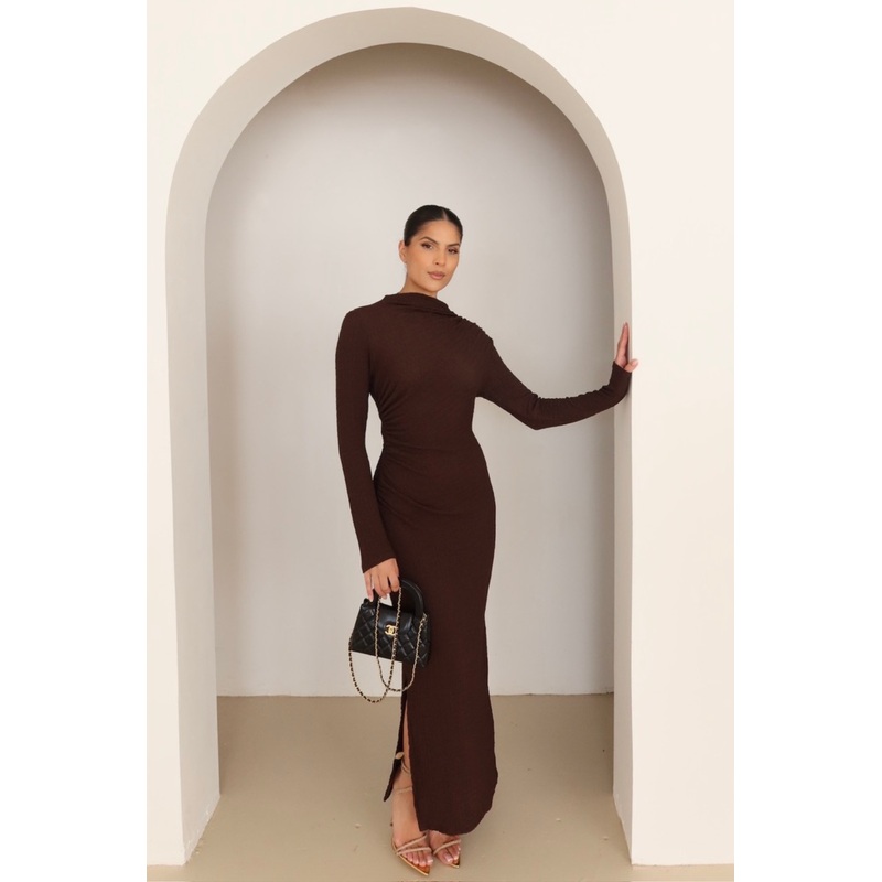 Nola chocolate brown crinkle jersey midi dress