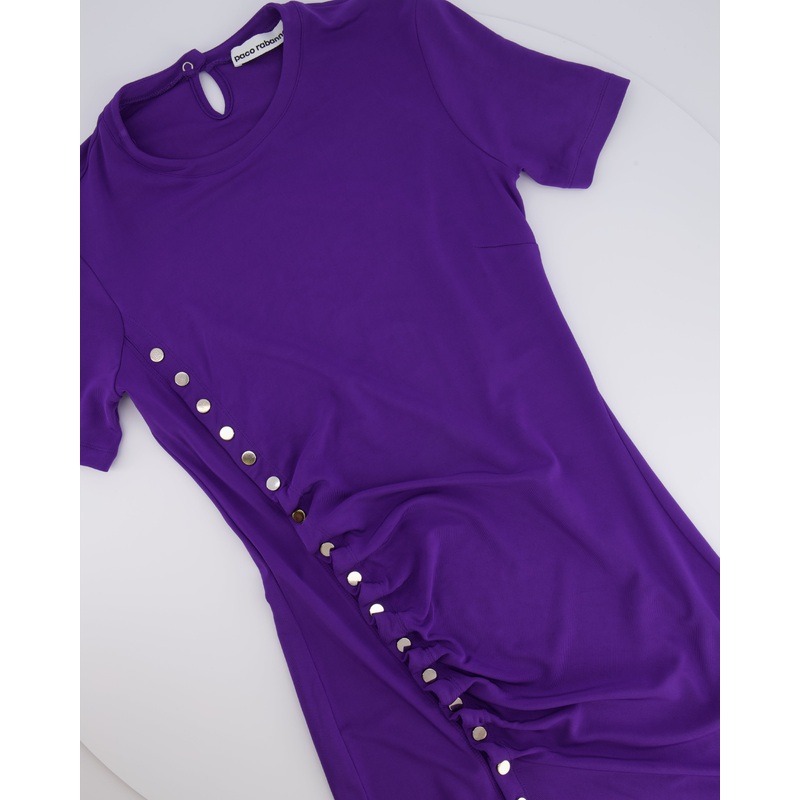 Paco Rabanne Purple Short Sleeved Mini Dress with Rouched Detail and Silver Buttons Size FR 38 (UK 10) RRP 700