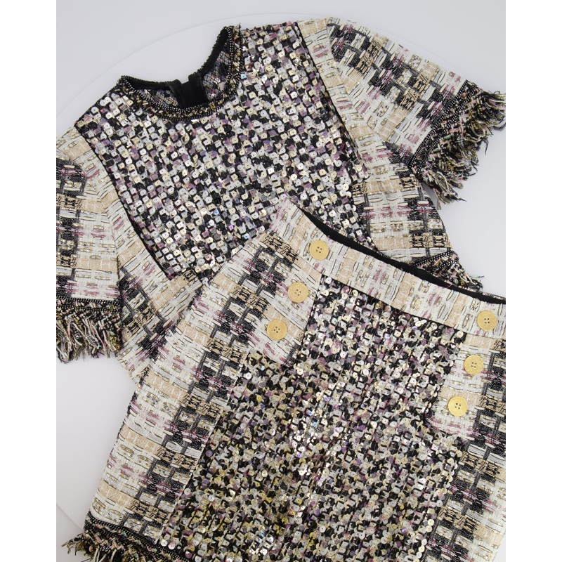 Ralph & Russo Black and Multi-Colour Tweed Sequin Top and Mini Skirt Set with Textured Gold Buttons Size FR 38/40 (UK 10/12)