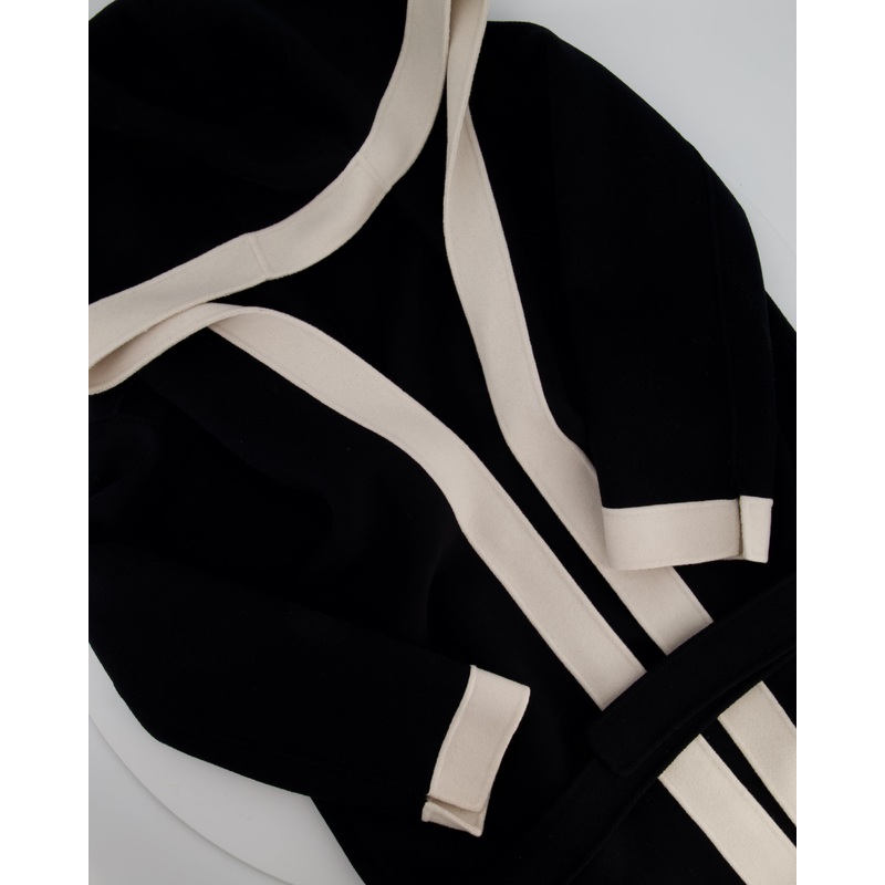 S Max Mara Black Hooded Wool Coat with Belt and White Trim Detail Size IT 40 (UK 8)