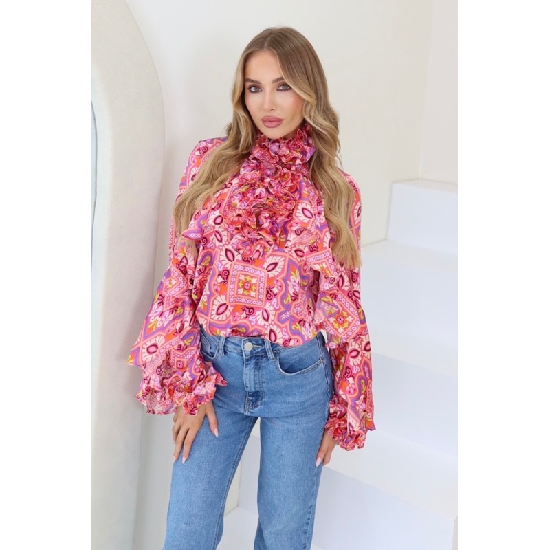 Sasha pink floral print frill shirt