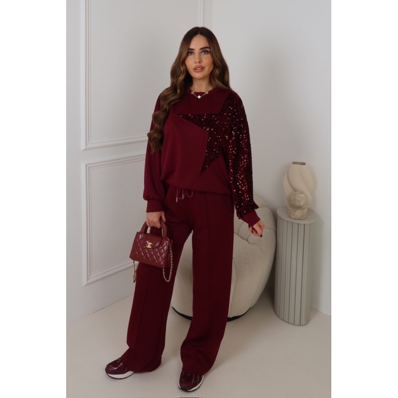 SASKIA BURGUNDY SEQUIN STAR SWEATSHIRT & TROUSER SET