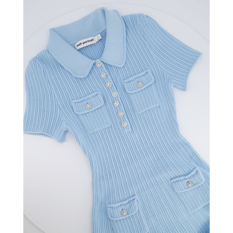 Self Portrait Baby Blue and Sequin Knitted Ribbed Mini Dress with Pearl and Crystal Embellished Buttons Size M (UK 10)