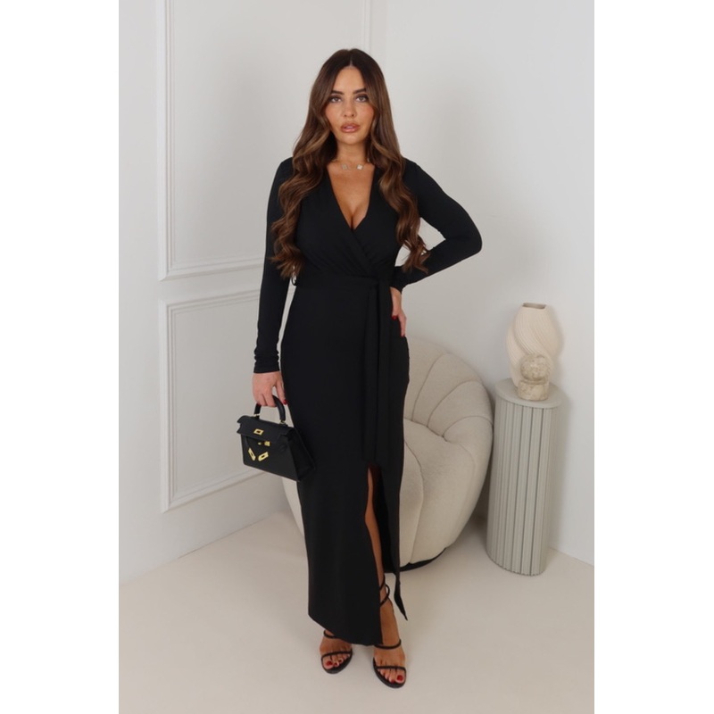 SHAPIRA BLACK MAXI BELTED LONG SLEEVE DRAPE DRESS