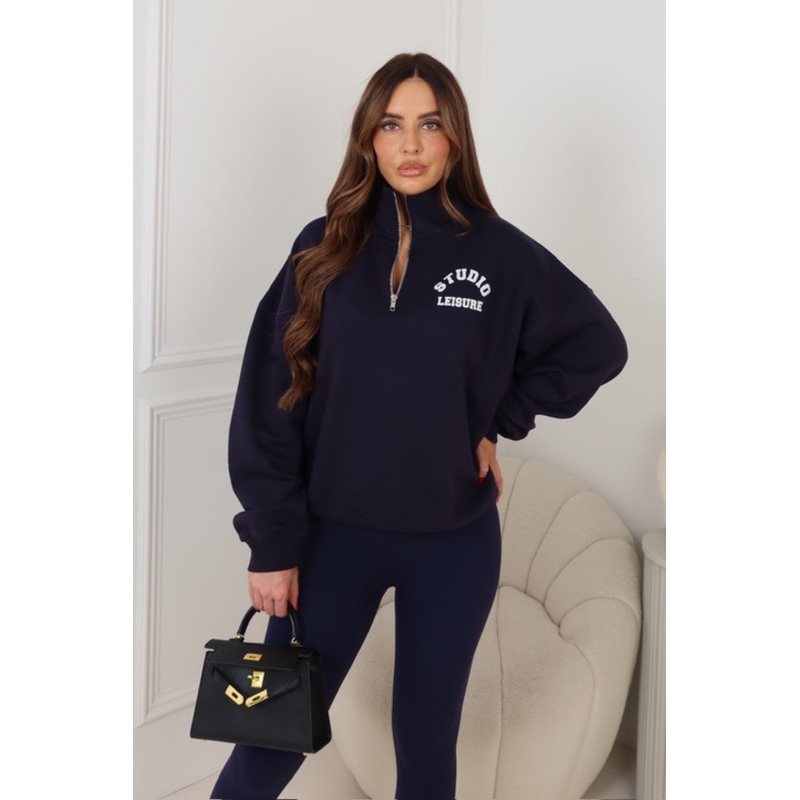 STUDIO LEISURE NAVY PRINTED 3/4 ZIP JUMPER