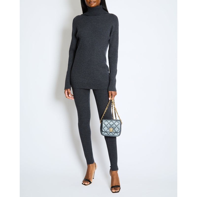 Toteme Grey Ribbed Wool Leggings and High-Neck Top Set Size XS-M (UK 6-8)