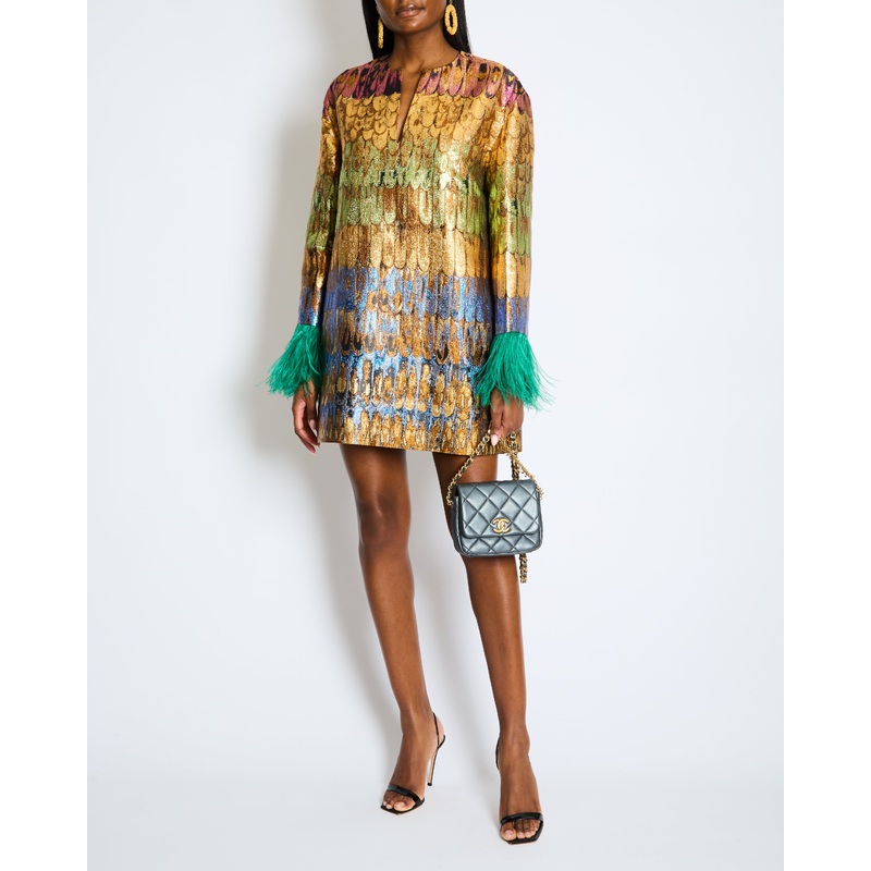 Valentino Gold Metallic Multi-Colour Feather Print Shift Dress with Green Feather Detail Size 42 IT (UK 10)