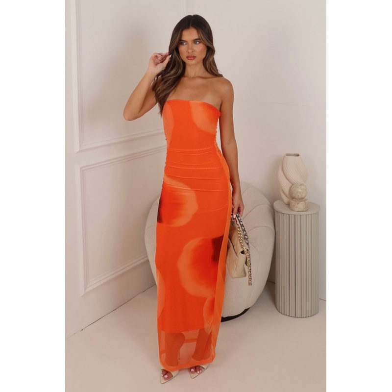 Amelia orange bandeau mesh maxi dress
