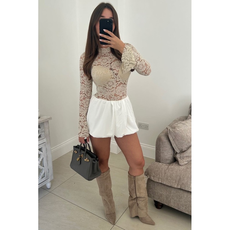 Annie beige lace puff ball mini dress