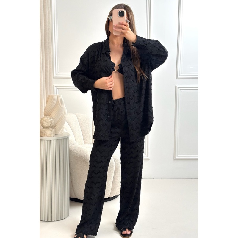 Mila black satin shirt and trousers co-ord