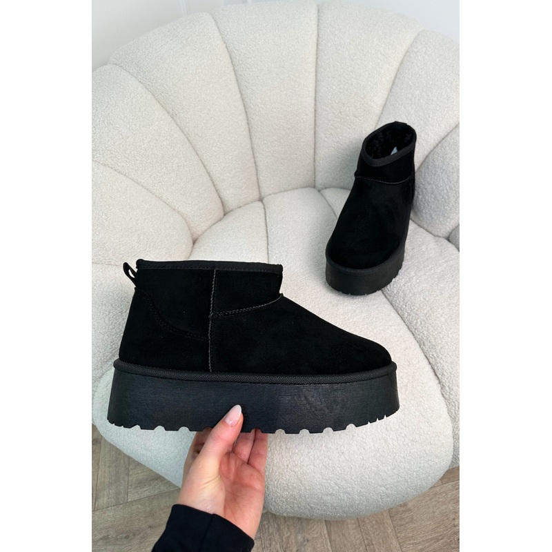Penny black platform ultra mini faux fur boots