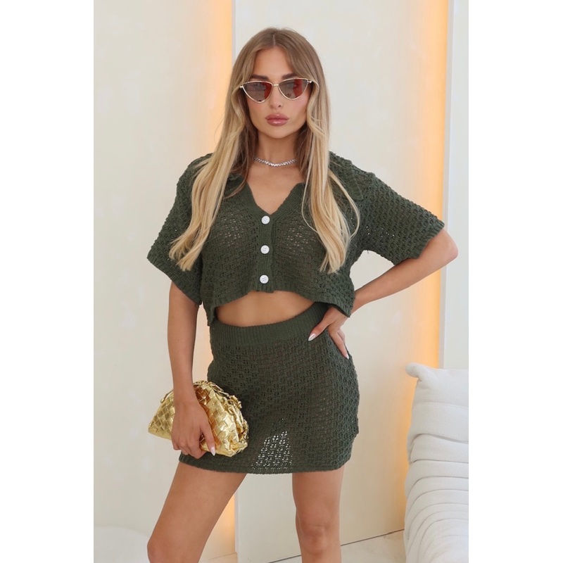 River khaki crochet cardigan mini skirt co-ord