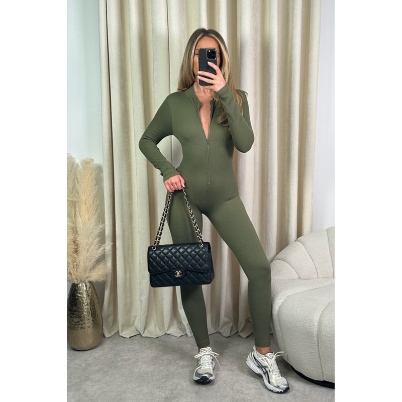 Selena khaki ribbed unitard