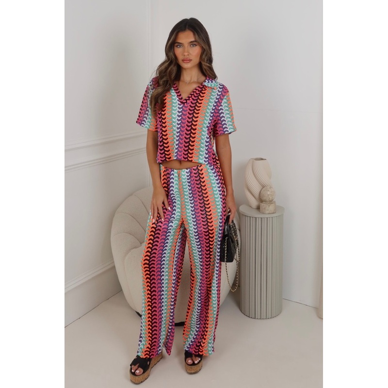 Sophia pink multi zig zag patterned top & trouser co ord