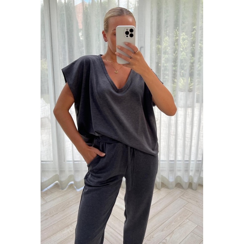 Stella charcoal V Neck Loungewear Set