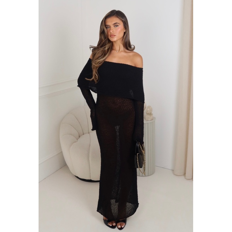 Hailey black knit bardot maxi dress
