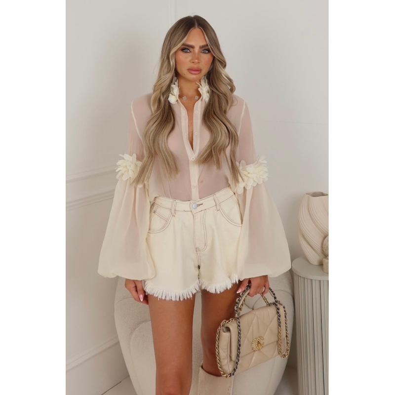 Joy cream wide leg distressed denim shorts