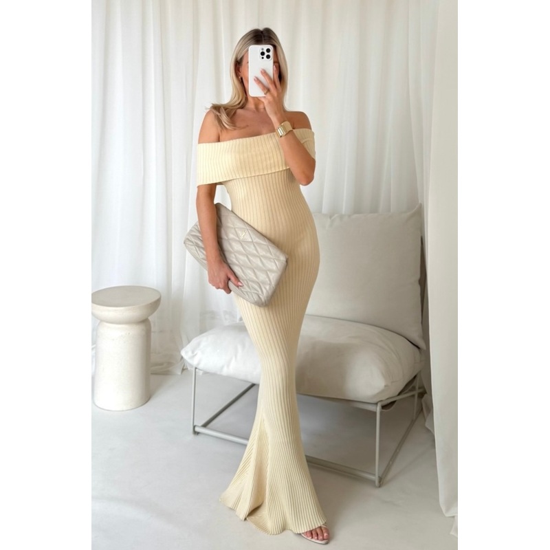 Kayleigh cream knit off shoulder maxi dress