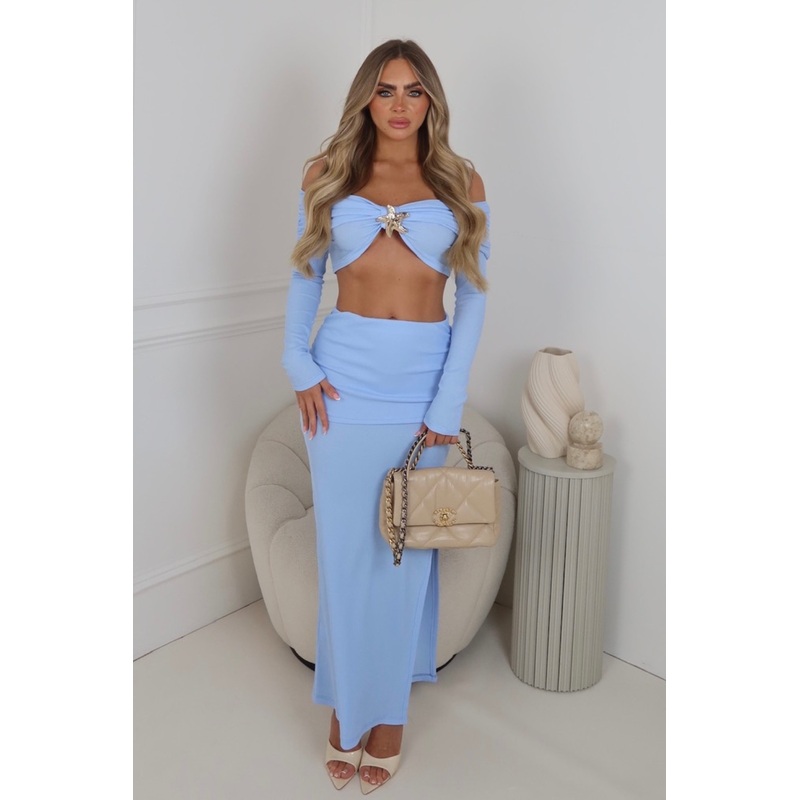 Millie blue bardot shell top & split skirt co ord