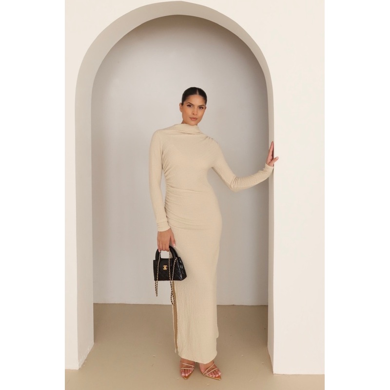 Nola beige crinkle jersey midi dress