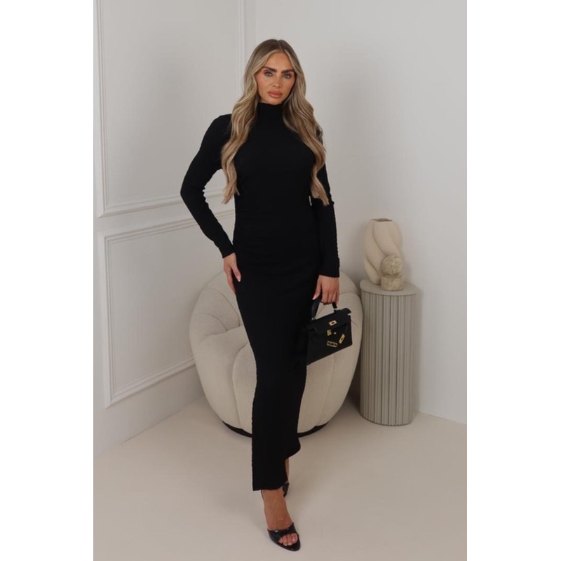 Nola black crinkle jersey midi dress