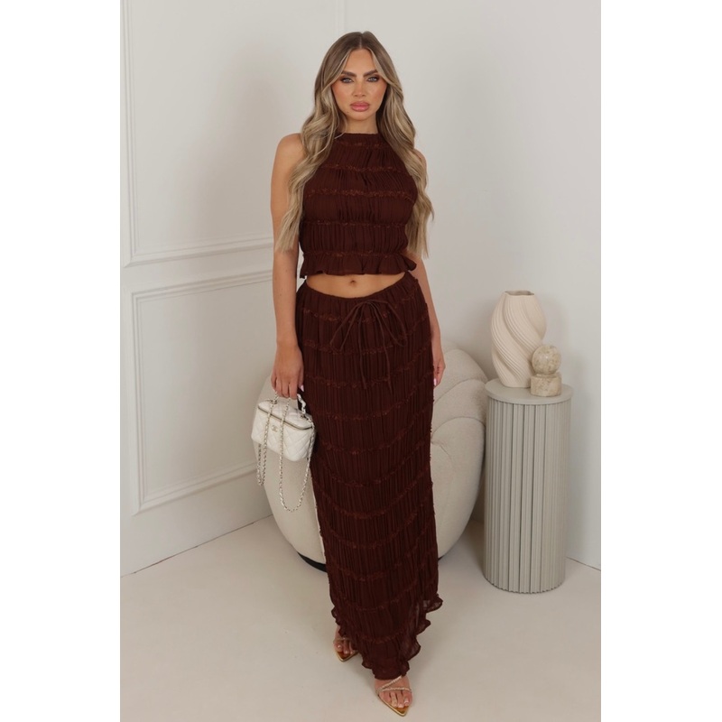 Ophelia chocolate chiffon open back top & maxi skirt co ord