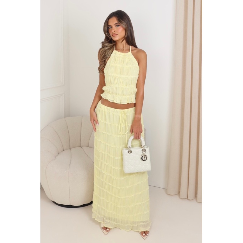 Ophelia lemon chiffon open back top & maxi skirt co ord