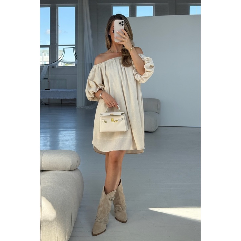 Phoebe Beige Off the Shoulder Dress