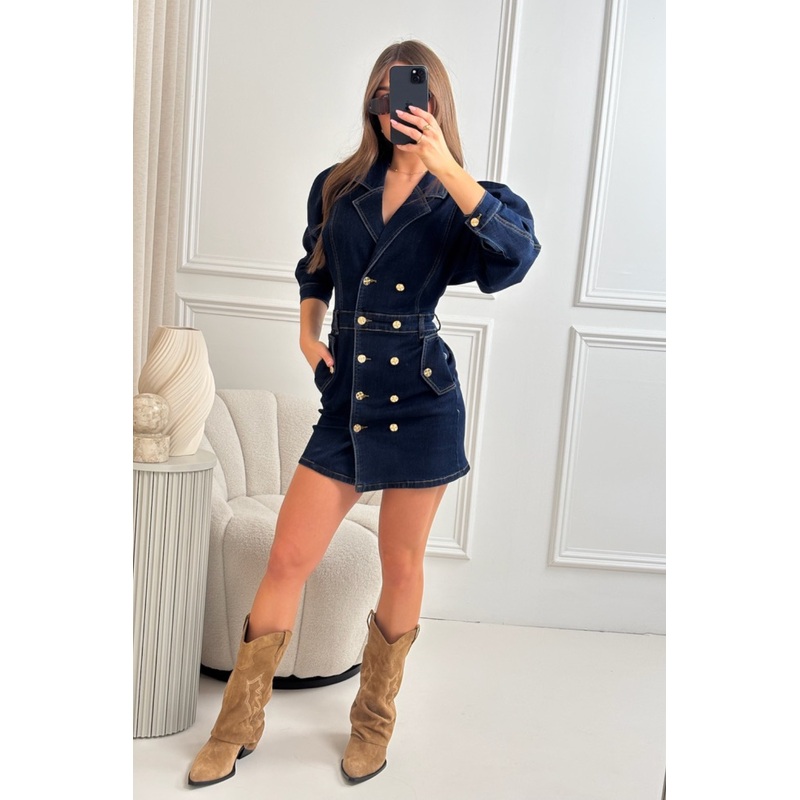 Riley dark denim puff sleeve mini dress