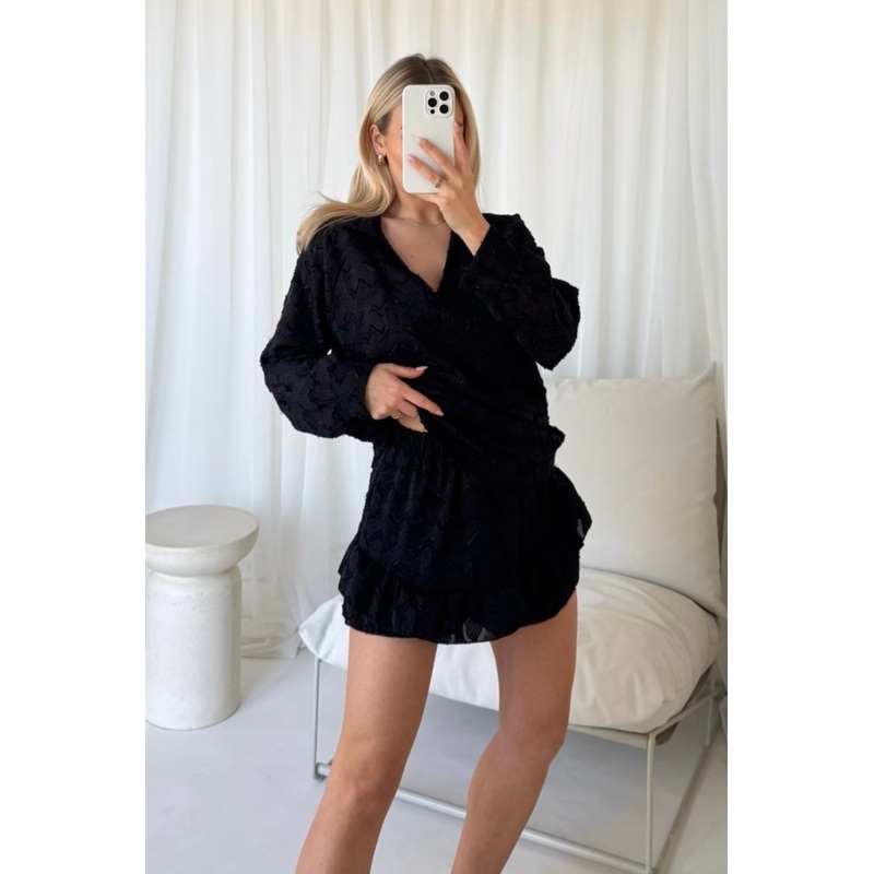 Stella black satin shirt & skirt co ord