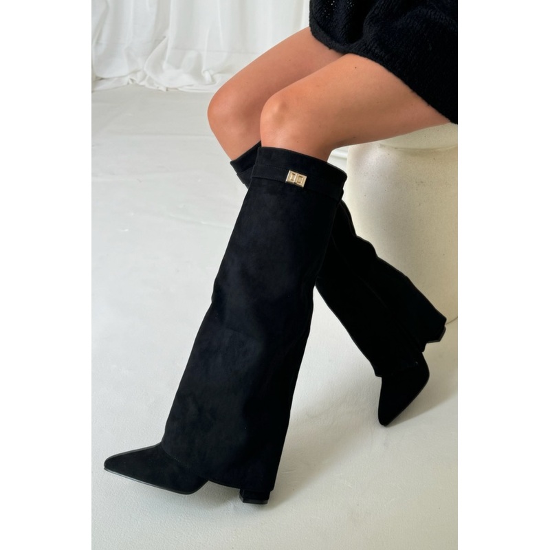 Harley black suede knee high fold over heel boots