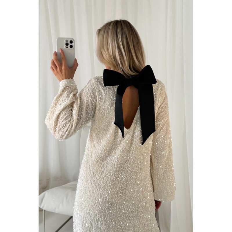 Terri cream velour sequin bow shift dress