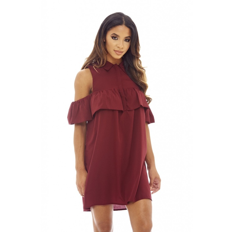 Wine Ruffle Cold Shirt Dress
