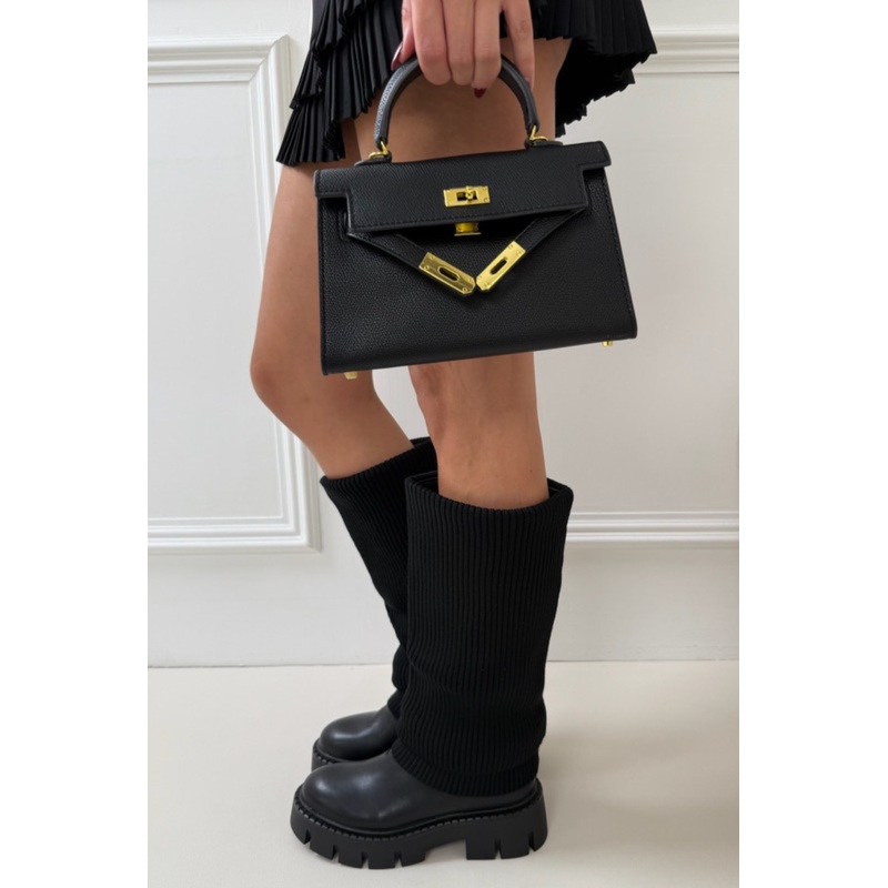 ANTONELLA BLACK KNITTED FOLD OVER FAUX LEATHER BOOTS